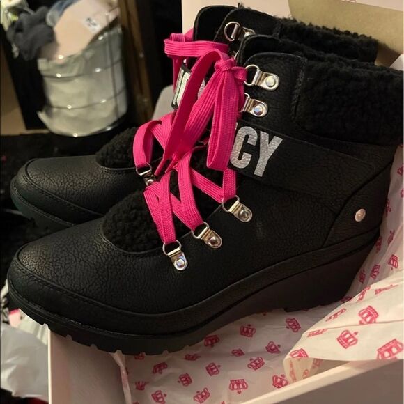 11 NIB juicy couture halstin wedge boot/sneaker neon hot pink & black kawaii - Picture 9 of 11